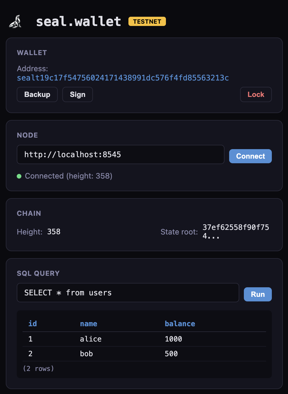 Desktop wallet: wallet, node connection, SQL query results