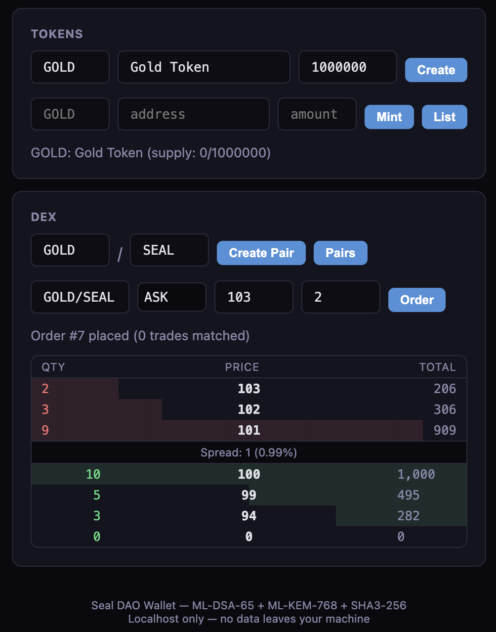 Token creation, minting, DEX limit order book with depth visualization
