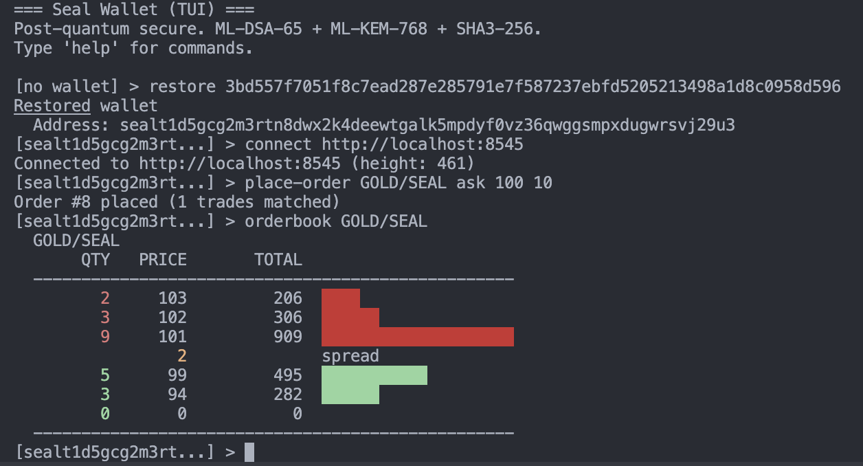 TUI wallet: restore, connect, place order, colored order book